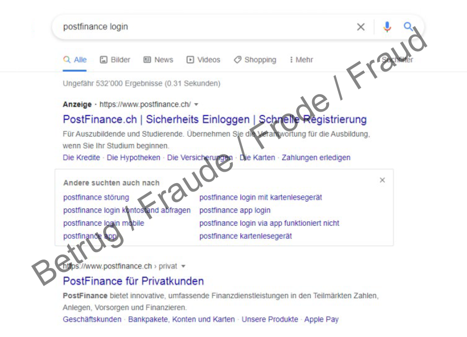 Betrügerische Anzeige, welche eingeblendet wurde, wenn man nach Postfinance und Login suchte.
