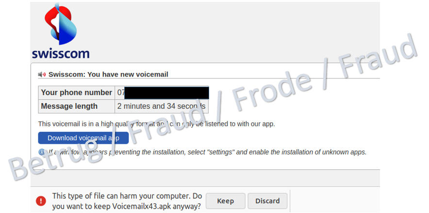 Downloadseite für den als Voicemail-App getarnten Trojaner