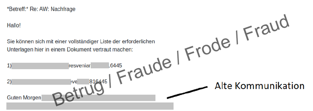 E-Mail, welche sich auf eine alte Kommunikation bezieht und zwei Links auf Schadsoftware enthält