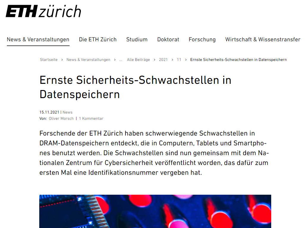 Webseite der ETH Zürich, auf welcher die neu gefundene Schwachstelle nun publiziert wurde. Auch die ETH weist darauf hin, dass es die erste durch das NCSC vergeben CVE-Nummer ist.