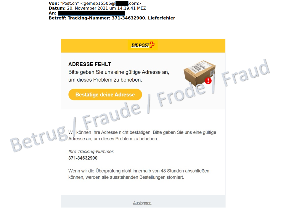 E-Mail mit gefälschtem Absender und der Aufforderung, den Link anzuklicken. Typisch ist, dass lediglich eine sehr kurze Zeit für die Antwort zur Verfügung steht.