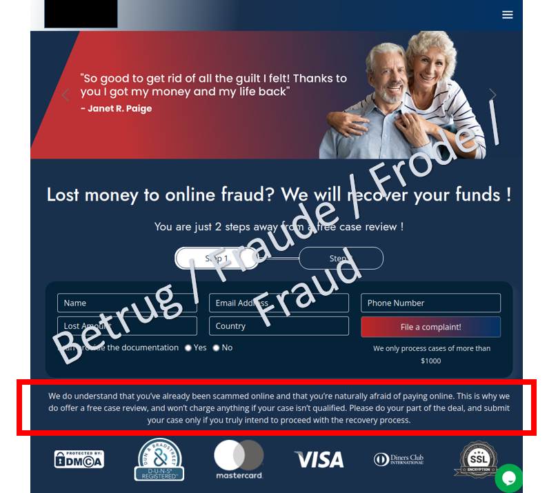 Webseite der angeblichen Wiederbeschaffer von verlorenem Geld. 