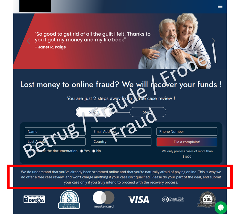 Webseite der angeblichen Wiederbeschaffer von verlorenem Geld.