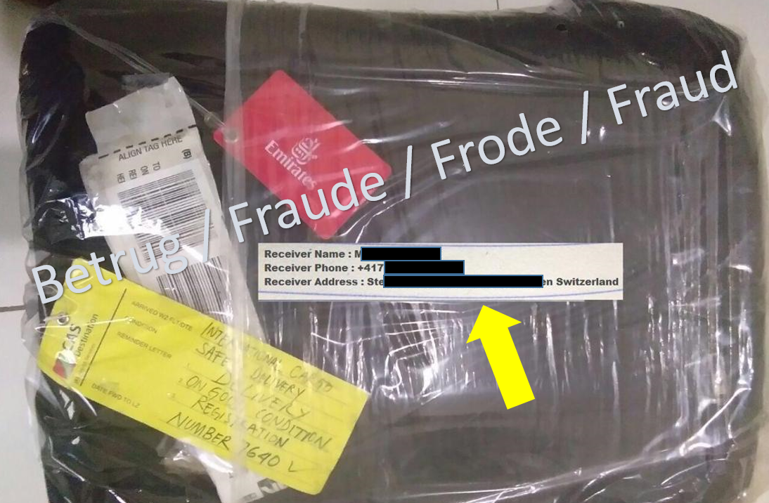 Bild des angeblichen Pakets. Die Empfänger-Adresse wurde unsorgfältig hineinkopiert.