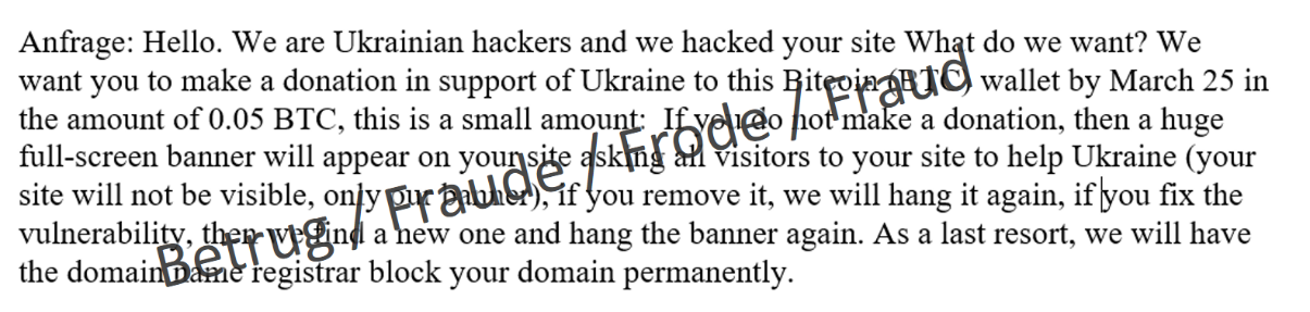 Threatening message purportedly in the name of Ukrainian hackers