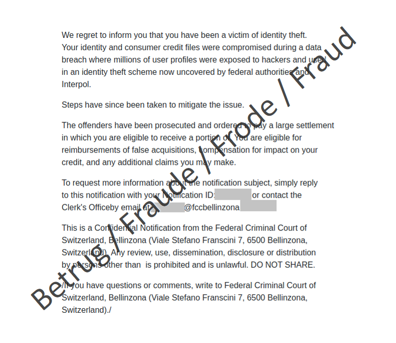 Example of an email purporting to come from the Federal Criminal Court in Bellinzona and offering the reimbursement of funds obtained fraudulently