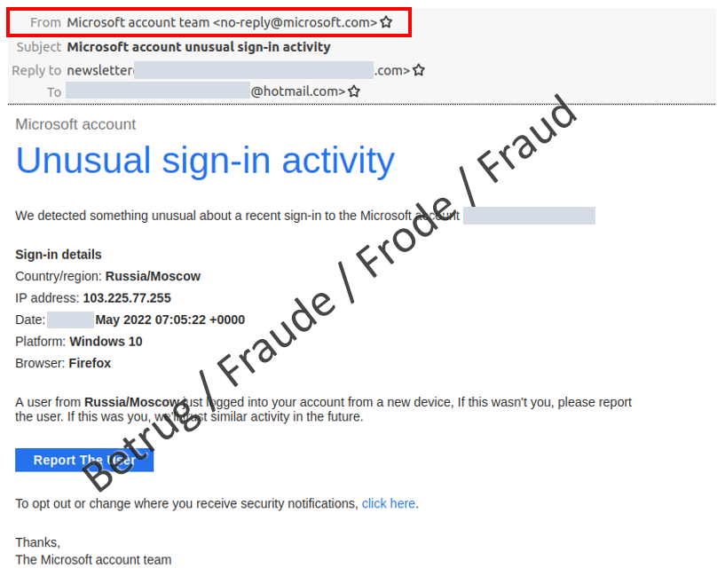 Email phishing dengan alamat pengirim yang curang tampaknya berasal dari Microsoft sendiri (lihat Framing Merah). Namun, alamat IP, yang dipilih secara acak oleh para penyerang, mengarah kembali ke India dan merupakan alamat siaran yang tidak dapat digunakan untuk login