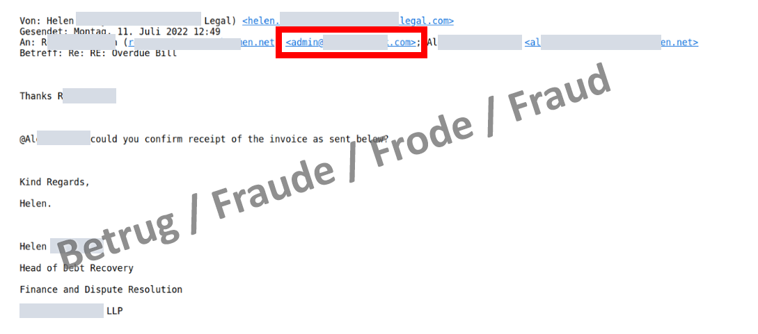 The fraudsters thanked the CEO and contacted the accounting department directly. The CEO's fake email address is outlined in red 