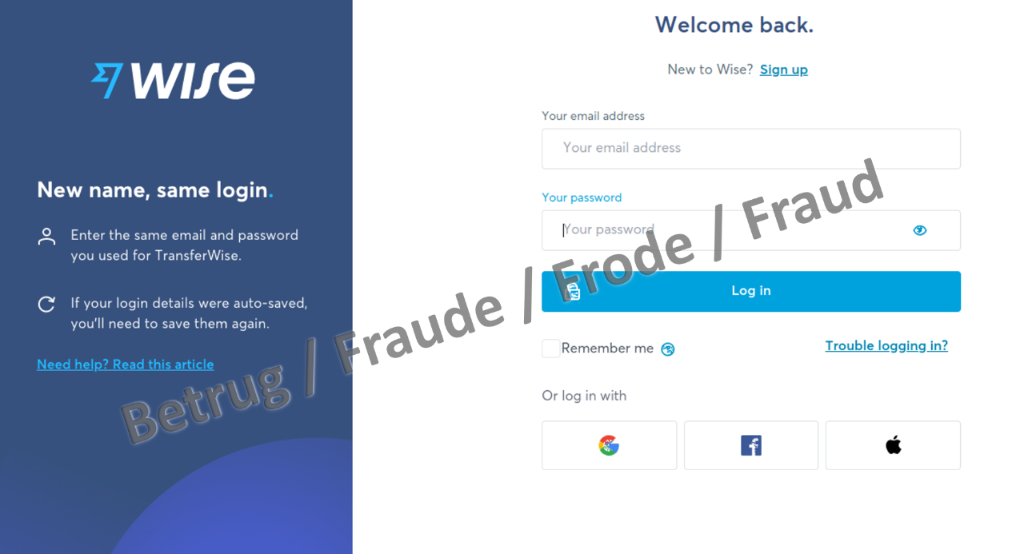 Phishing page with misuse of the smartphone bank WISE – it is an exact copy of the original website.