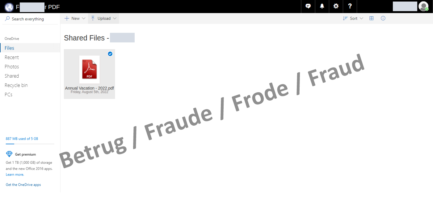 Website of the fake online sharing service. The only thing that can be clicked on is the PDF icon. If the attacked company provides its logo as a favicon.ico on its homepage, it would be displayed at the top left.