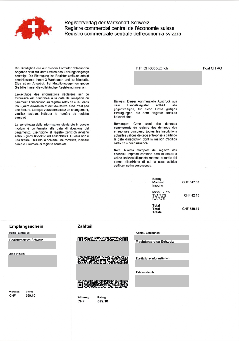 Ostensible invoice from "Registerverlag für Wirtschaft Schweiz", which turns out to be an offer only on closer inspection.