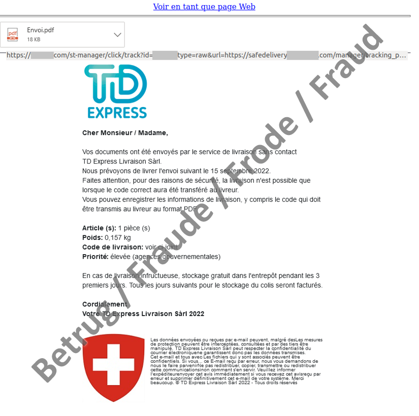 Fraudulent email: When an apparent pdf document is clicked on, a link is opened which leads to malware