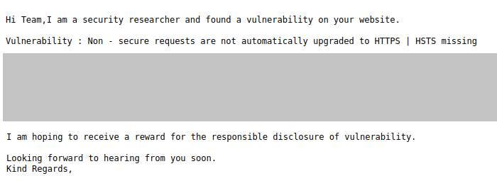 Email reporting an alleged security vulnerability of the web server and requesting a reward