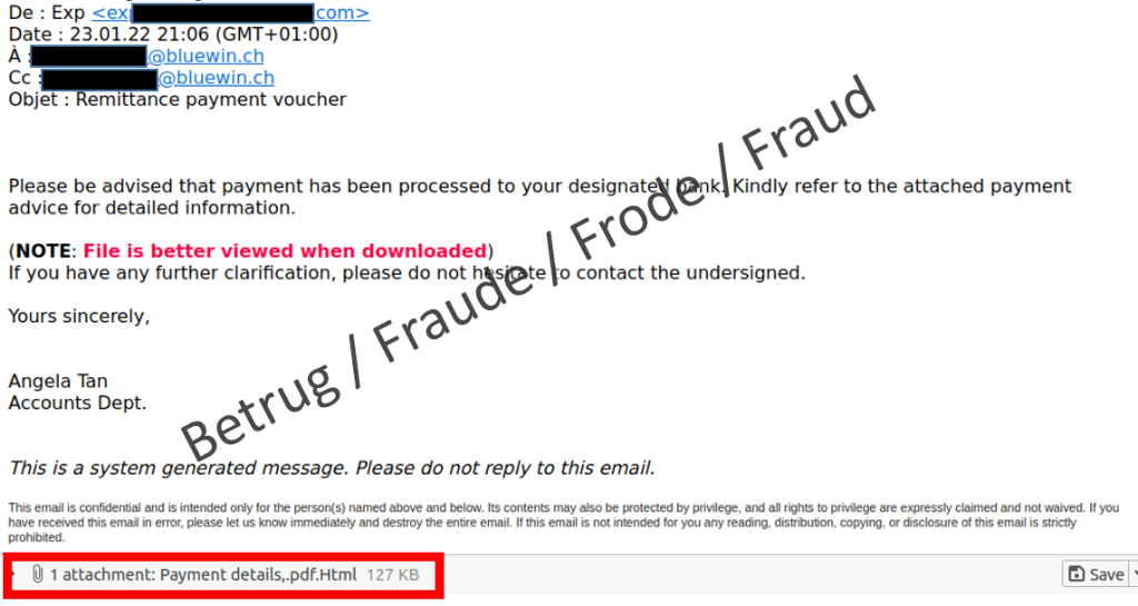 Phishing email with purported PDF attachment, which turns out to be HTML