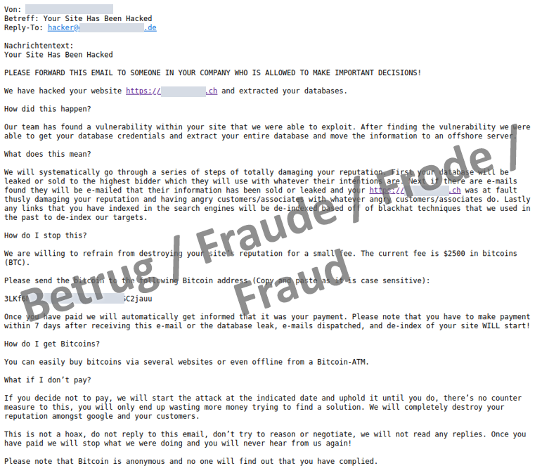 Fake extortion message demanding more than USD 2,500