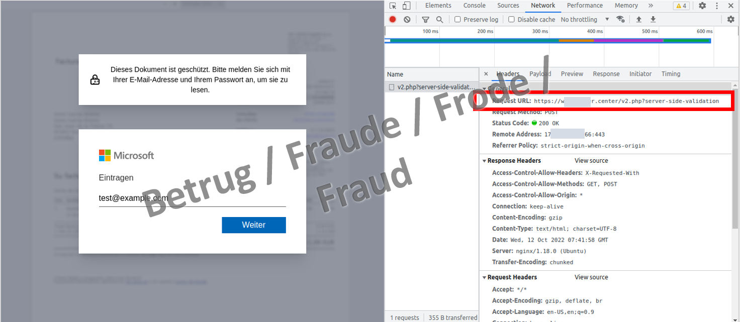 HTML login screen in the left part of the browser window (the supposed invoice is blurred in the background); the phishing address (outlined in red) is displayed in the browser console shown on the right