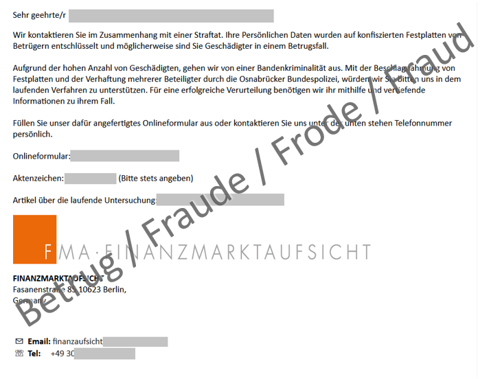 Email claiming to be from the German financial market supervisory authority and asking the victim to use an online form to contact it about a prosecution.