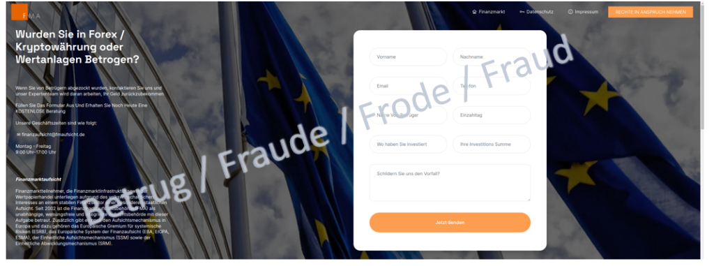 Fraudulent website with a form requesting details on the fraud