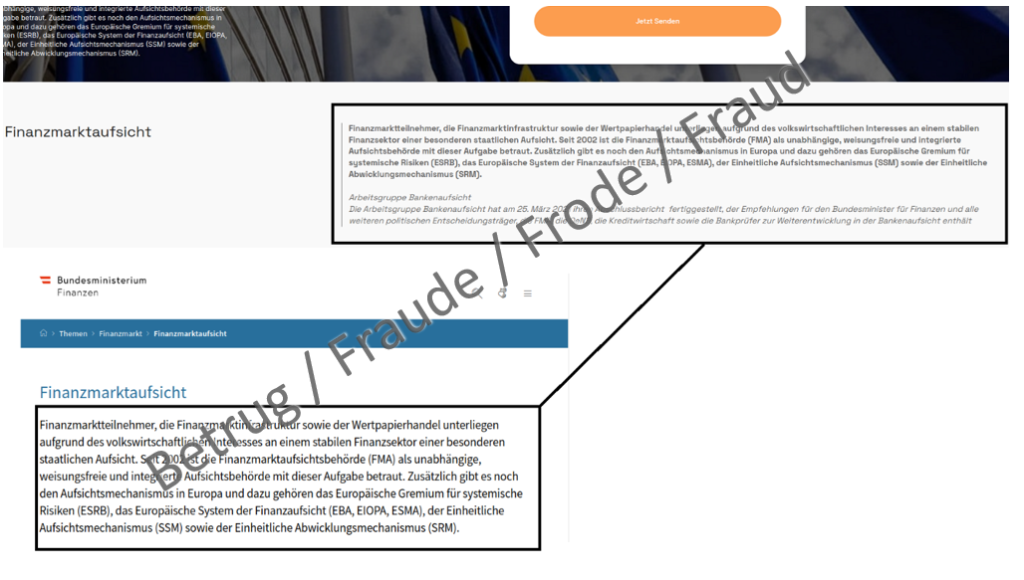 The test in the fraudulent website's imprint was copied from the website of the Austrian Federal Ministry of Finance.