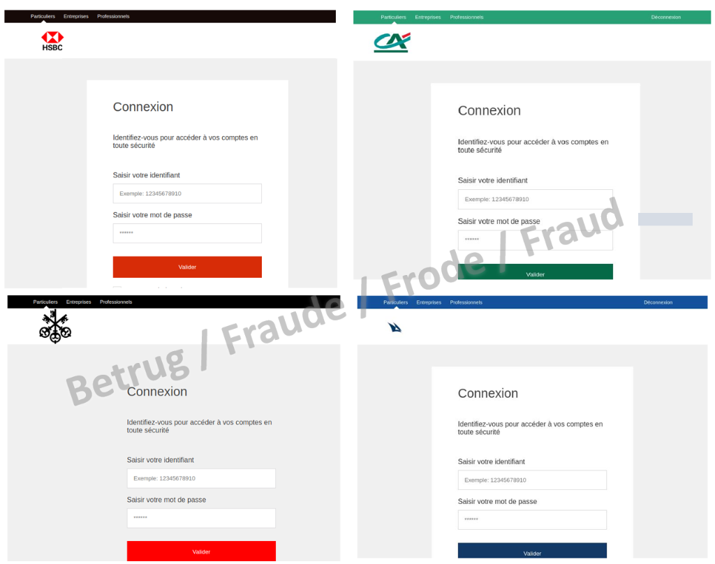 Dynamic fake bank pages under the same internet address. Even the colour of the buttons is adapted according to the bank.