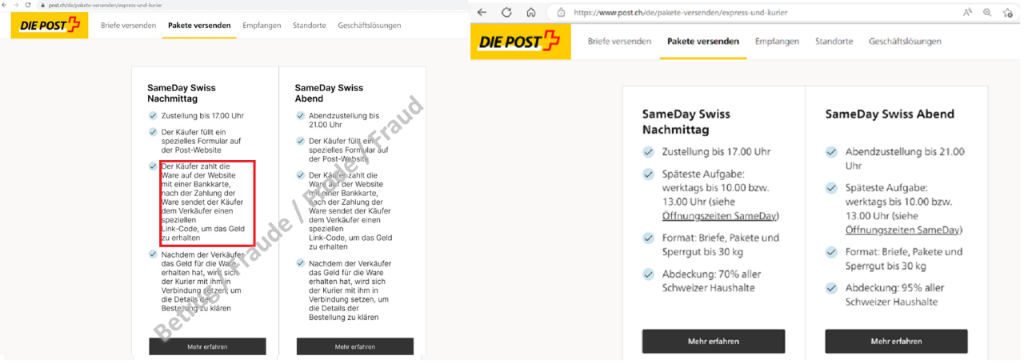 Left: Fake screenshot of the Swiss Post website. The description states that the seller will be sent a special link code to receive the money. Right: Original Swiss Post website. Aside from the delivery details, the attackers have completely changed the page.