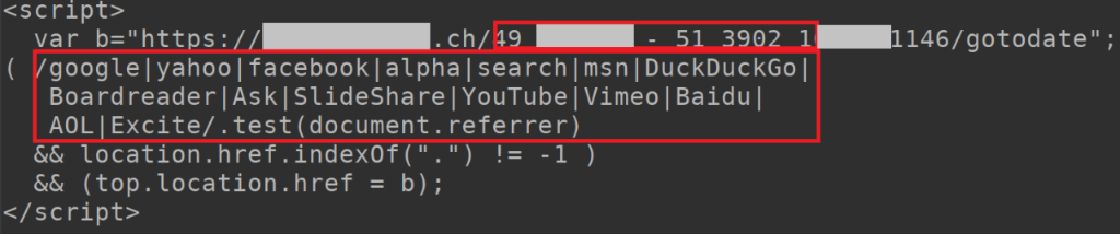 Piece of Java script that redirects visitors to the sub-page only when accessing via search engines and social media pages; the pages that redirect are listed in the script