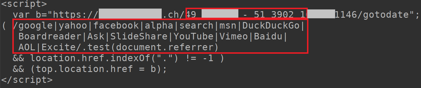 Piece of Java script that redirects visitors to the sub-page only when accessing via search engines and social media pages; the pages that redirect are listed in the script