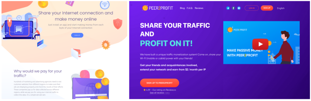 Two providers of the software tools used by the attackers. Websites of traffmonetizer (left) and peer2profit (right)
