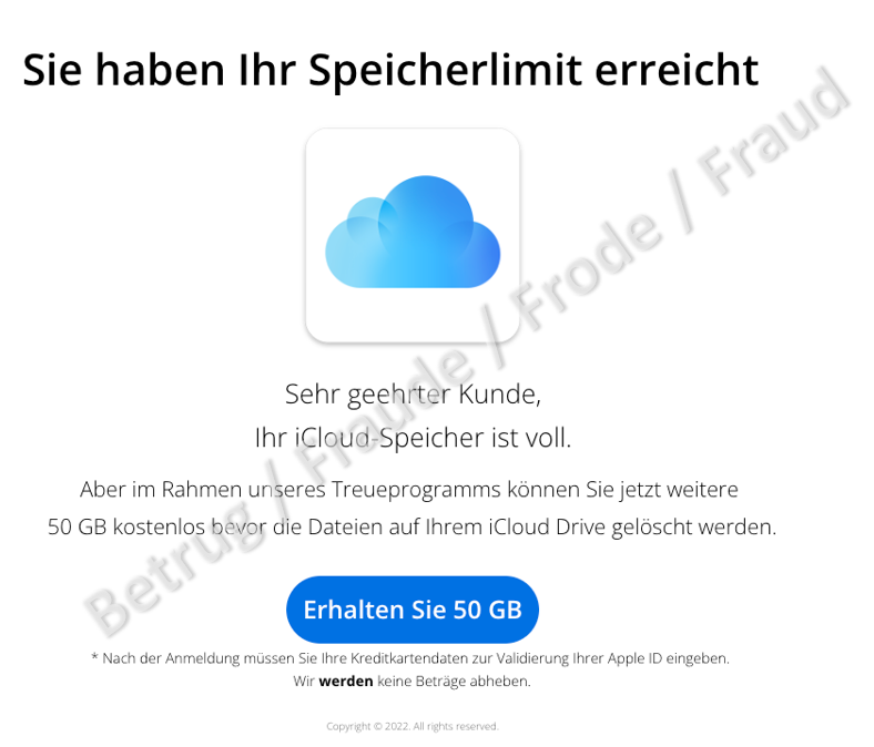 Message claiming that the iCloud storage limit has been reached and that users will receive 50GB of storage for free