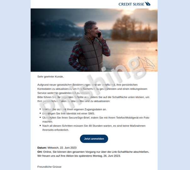 Phishing email targeting Credit Suisse login credentials