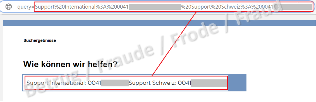 In the doctored link, incorrect support hotline numbers are inserted; these then appear on the legitimate website and seem to users to be genuine at first glance.