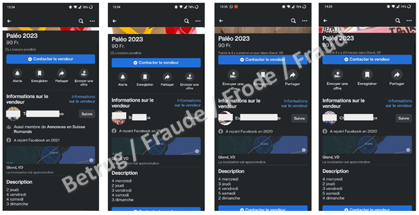 A selection of the various fake profiles supposedly selling tickets for the Paléo festival. To increase the chance of success, tickets for all days are still available. 