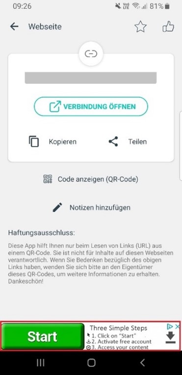 QR code app showing an advertisement at the bottom; the "Start" button is very prominent and tricks stressed users into clicking on the scammers' link instead of the right one