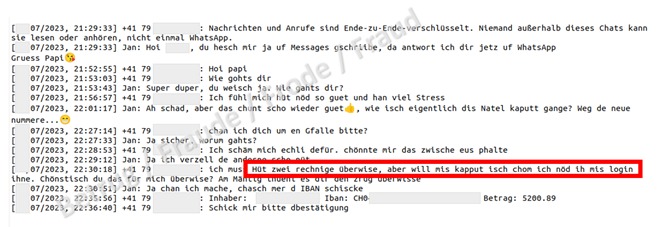 Chat history supposedly with the daughter in Swiss German. The request to pay two bills is outlined in red. Was this created using AI or do the fraudsters speak Swiss German?