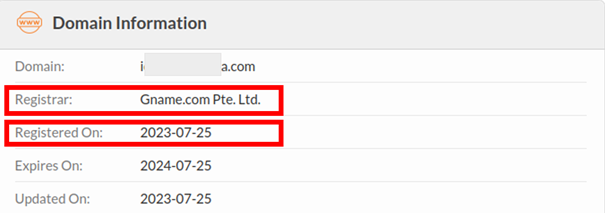 The registrar used is located in Singapore (outlined in red above). The registration for this fake webshop was just seven days old when it was reported (outlined in red below).