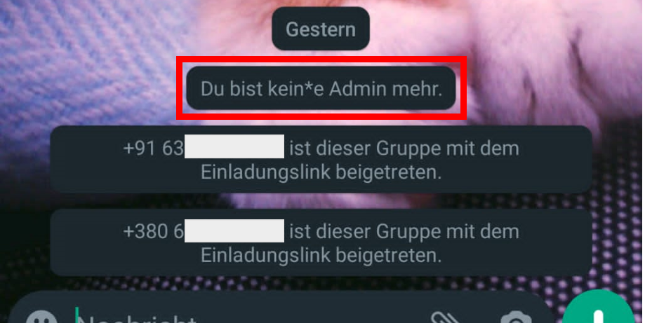 Once hacked, the existing groups are also taken over (outlined in red). This is done by adding foreign numbers to the group chat. 