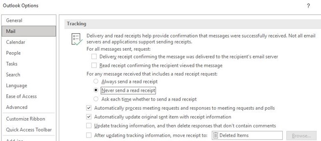 Disabling automatic read receipts in Outlook