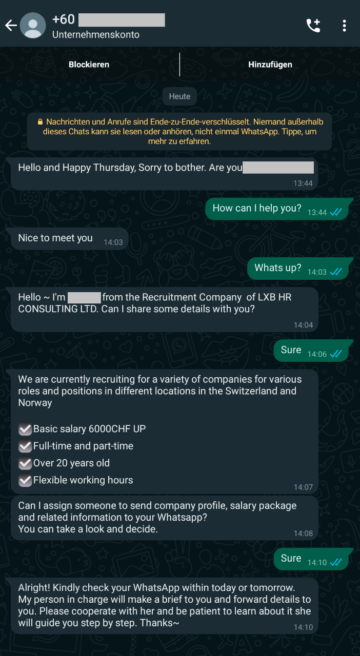 Recruitment attempt via WhatsApp for a fake job offer