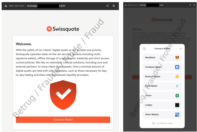 Left image: Fake Swissquote page. Right image: the fraudsters try to connect to the victim's wallet.