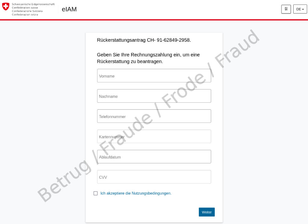 The fraudsters try to obtain the victim's credit card details via the fake eIAM login screen.