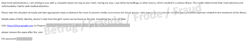 Email from the attackers about alleged bedbug bites. The link is said to contain the documentation.