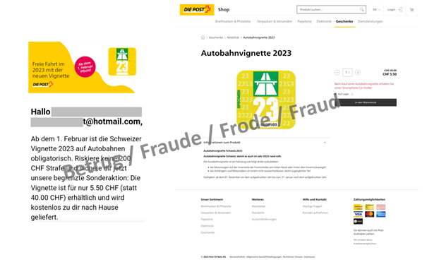 Left: phishing email with the special offer; right: the fake Swiss Post webshop. The website is so badly designed that not even the number of ordered stickers can be changed.
