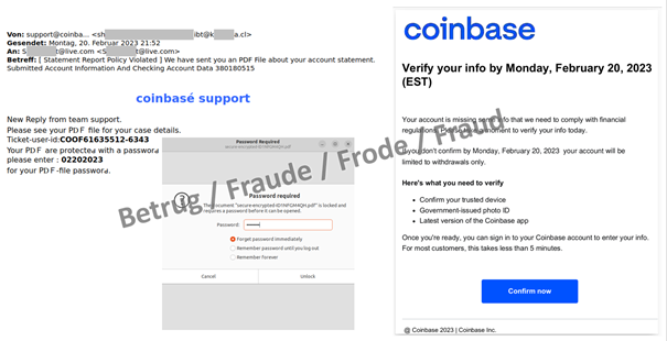 Left: email with password. The attached PDF (right) with the phishing link behind the "Confirm now" button. The document can be opened by entering the password in the email.