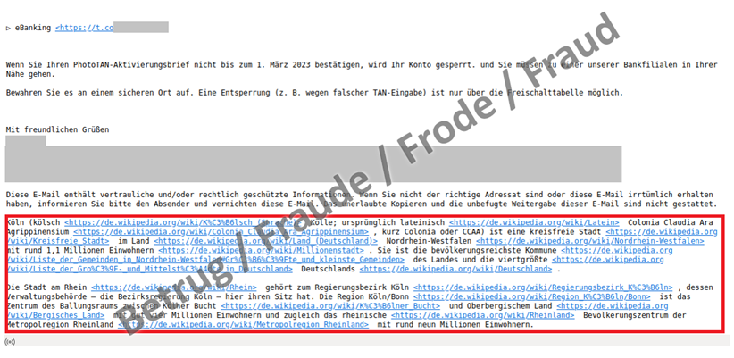 Phishing email which contains a Wikipedia entry for the city of Cologne at the bottom. This is intended to deceive the spam filter.