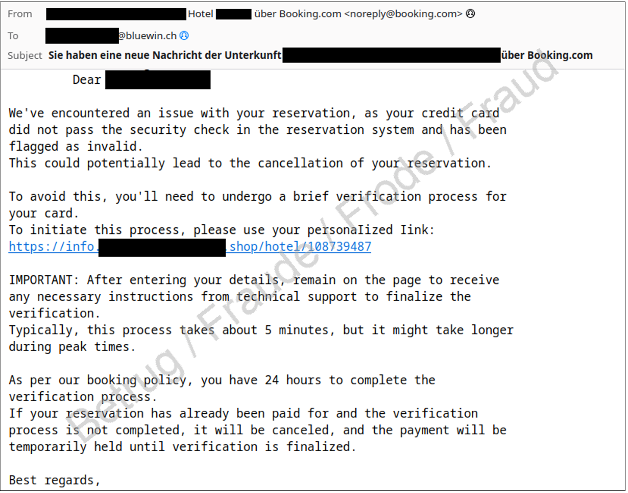 Phishing email sent from a hotel account on booking.com
