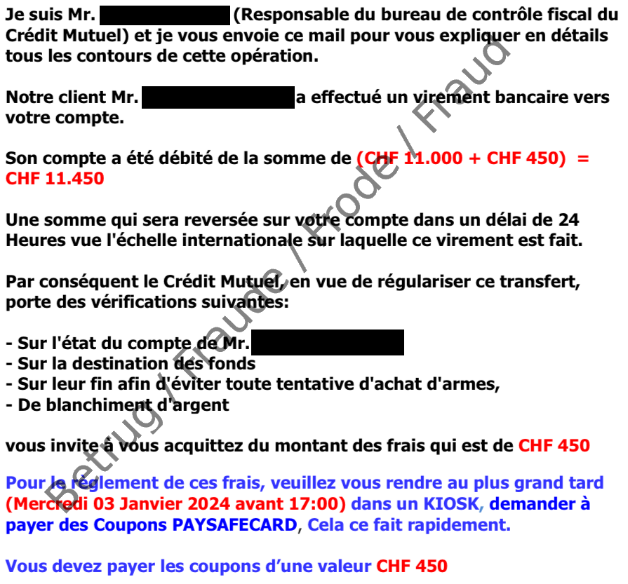 Example of how the seller is required to transmit alleged fees via Paysafecard