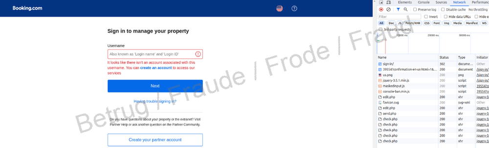 If an incorrect entry is made, the phishing site checks in the background whether that user exists on Booking.com.