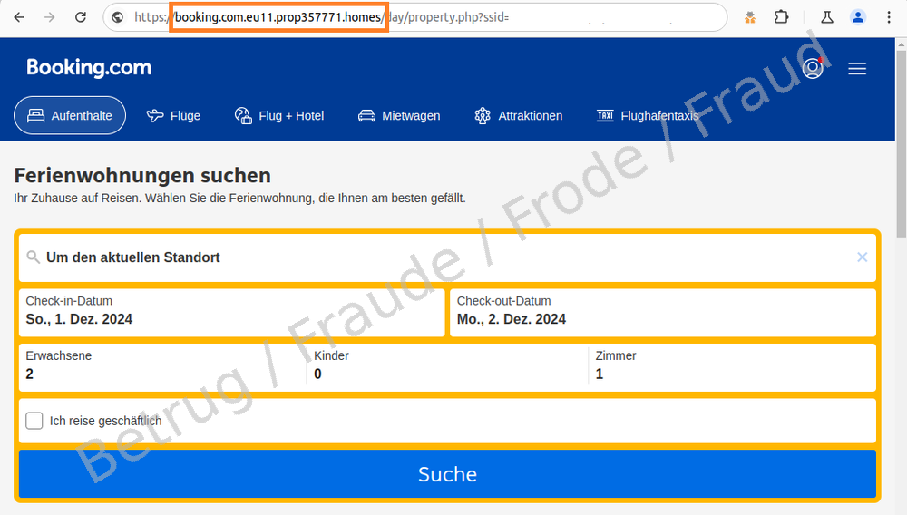 The link sent by the scammers takes you to a booking page that is almost indistinguishable from the real booking.com page. Only the web address shows that you are on a fraudulent site.