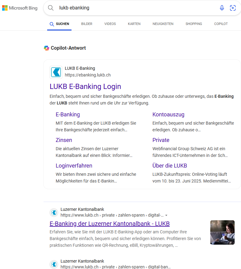 Legitimate search results for the e-banking portal of LUKB.